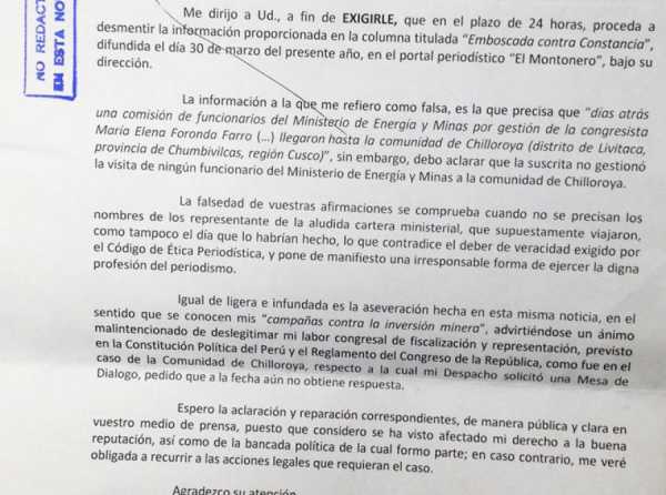 Carta notarial de congresista María Elena Foronda