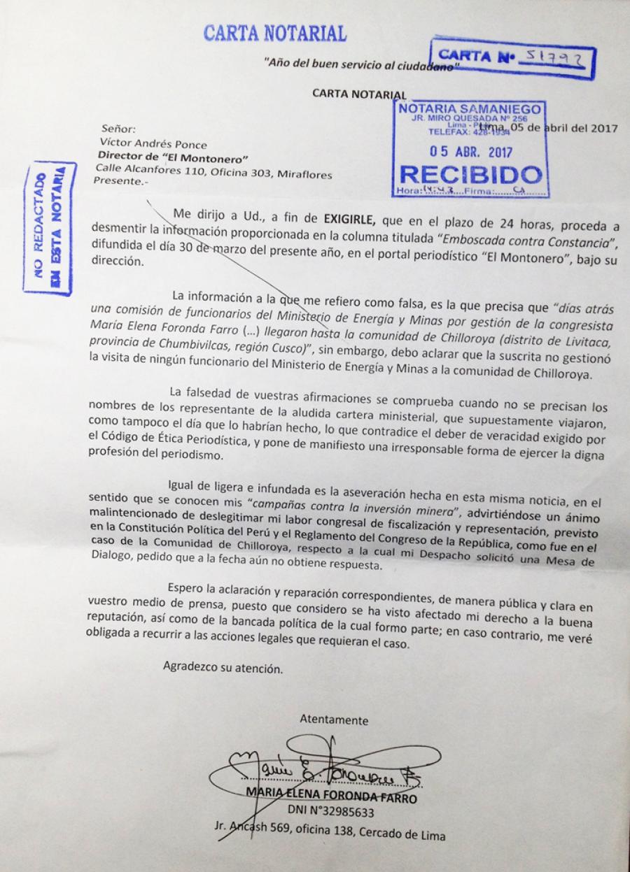 Carta notarial de congresista María Elena Foronda